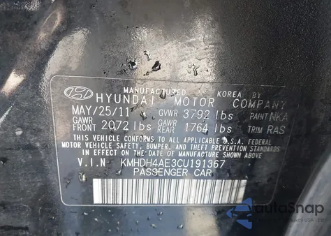 2012 Hyundai Elantra Limited (Ulsan Plant) from USA, damaged, VIN KMHDH4AE3CU191367
